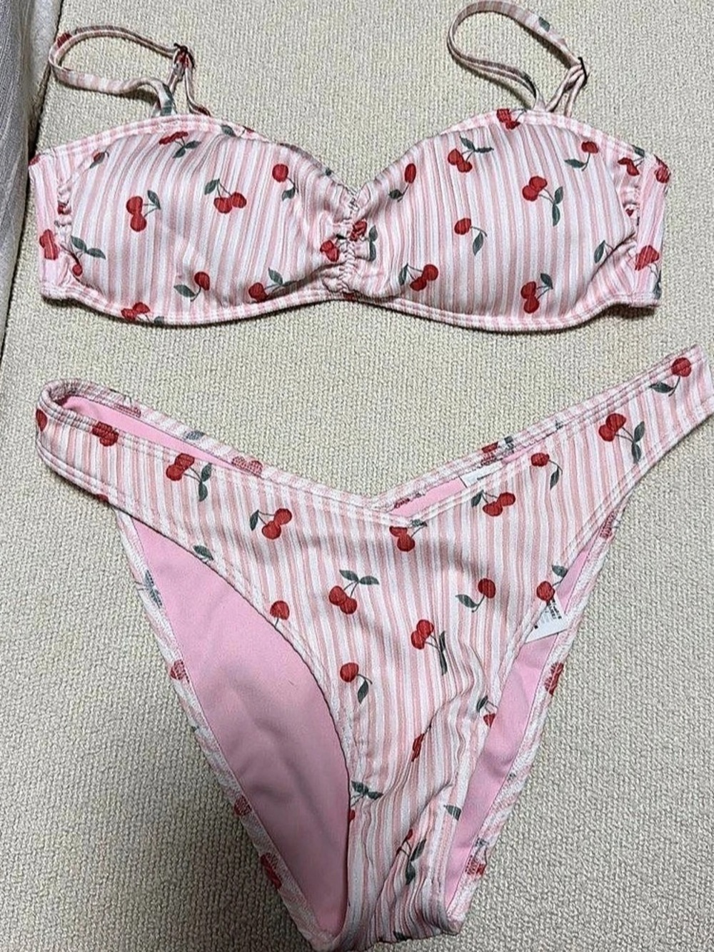 Hollister Cherry Stripe Bikini Set in Pink